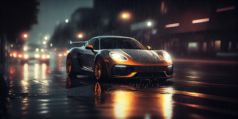 Car on the wet road in the rain.,Generative AI