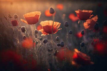 Red poppies blossom on wild field. Generative AI.