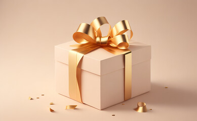 Obraz na płótnie Canvas 3D gift box, gold ribbon bow on beige pastel background. Present mockup for cosmetic product . Realistic gift with confetti Generative Ai