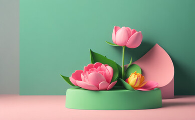 3D display podium green background with pink tulip flower and petal. Nature Blossom minimal pedestal for beauty, cosmetic produc Generative Ai