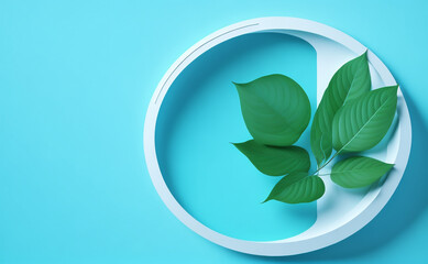 3D white display on blue background. Nature, green leaf shadow. Minimal round frame for. Beauty, cosmetic product presentation Generative Ai