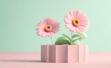 3D display podium pastel pink daisy flower background. Gerbera blossom falling down. Nature minimal pedestal beauty, cosmetic pr Generative Ai