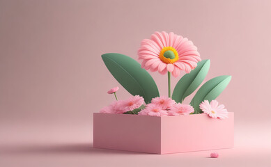 3D display podium pastel pink daisy flower background. Gerbera blossom falling down. Nature minimal pedestal beauty, cosmetic pr Generative Ai