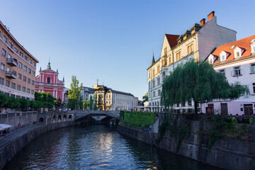View of Preseren square and the river in Ljiubljana (Slovenia)