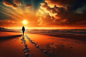Beautiful Sunset Stroll Along the Sea: Witness Nature's Splendor at the Beach. Generative AI