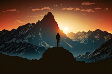 Witness the Beauty of Nature: The Splendid View of a Person Standing on Top of a Mountain at Sunrise: Generative AI