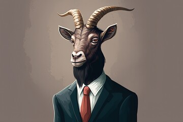 Cute Goat Businessman in Suit: An Anthropomorphism with an Isolated Masked Face in the Background: Generative AI