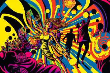 Group of people dancing in a vibrant, colorful club with pop-art style and bright, bold colors. Swirling patterns and shapes frame the image. Generative AI