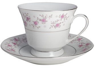 White porcelain china tea cup and saucer with  pink flowers isolated 