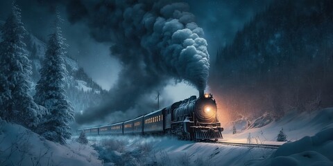 Fantasy train across a winter forest. Snowy rail excursions, smoke, spotlights, and a mystical winter forest at night. Generative AI.
