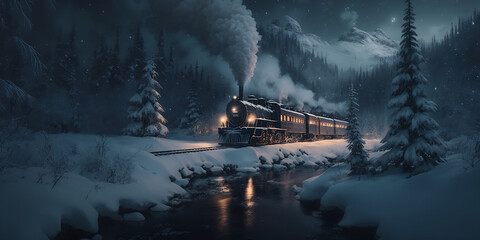 Fantasy train across a winter forest. Snowy rail excursions, smoke, spotlights, and a mystical winter forest at night. Copy space for text, message, advertisement. Generative AI