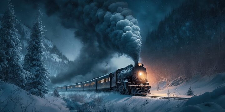 Fantasy train across a winter forest. Snowy rail excursions, smoke, spotlights, and a mystical winter forest at night. Generative AI.