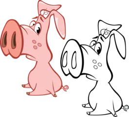 Fotobehang Vector Illustration of a Cute Cartoon Character Pig for you Design and Computer Game. Coloring Book Outline Set  © liusa