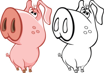 Vector Illustration of a Cute Cartoon Character Pig for you Design and Computer Game. Coloring Book Outline Set
