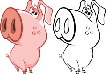 Gordijnen Vector Illustration of a Cute Cartoon Character Pig for you Design and Computer Game. Coloring Book Outline Set  © liusa