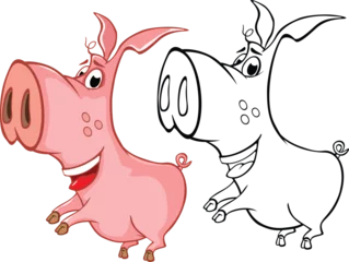 Tuinposter Vector Illustration of a Cute Cartoon Character Pig for you Design and Computer Game. Coloring Book Outline Set  © liusa