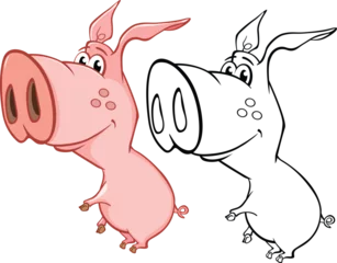 Gordijnen Vector Illustration of a Cute Cartoon Character Pig for you Design and Computer Game. Coloring Book Outline Set  © liusa