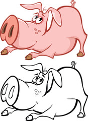 Vector Illustration of a Cute Cartoon Character Pig for you Design and Computer Game. Coloring Book Outline Set
