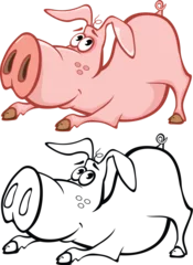 Tuinposter Vector Illustration of a Cute Cartoon Character Pig for you Design and Computer Game. Coloring Book Outline Set  © liusa