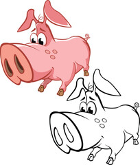 Vector Illustration of a Cute Cartoon Character Pig for you Design and Computer Game. Coloring Book Outline Set
