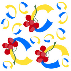 Patriotic pattern of blue and yellow years and viburnum. Ukrainian characters in the alphabet. The letter u