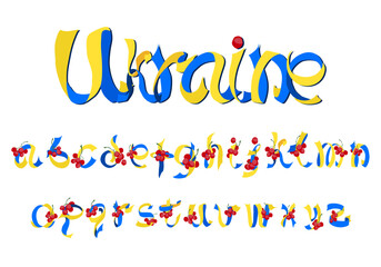 Ukrainian decorative font made of blue-green ribbon and red viburnum. Traditional folk symbols