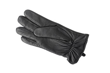 Men's winter black leather glove on the right hand lies face up close-up. Isolated on a transparent background.