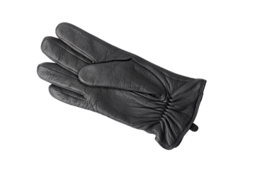 Men's winter black leather glove on the right hand lies face up close-up. Isolated on a transparent background.