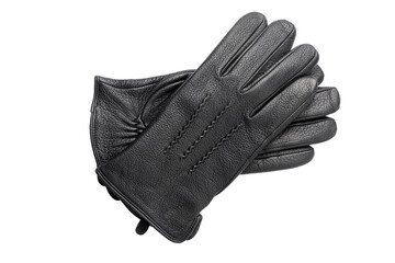 A pair of men's winter black leather gloves close-up lies crosswise on top of each other. Isolated on a transparent background.