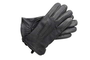 A pair of men's winter black leather gloves close-up lies crosswise on top of each other. Isolated on a transparent background.