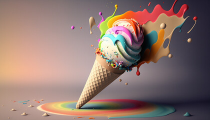 Yummy ice cream cone, Melting, for new summer. AI Generation