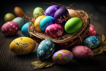 Fototapeta na wymiar Colorful Easter Eggs in a Basket, Decorated Easter Eggs in a Basket, Happy Easter Holiday Celebration, Generative AI