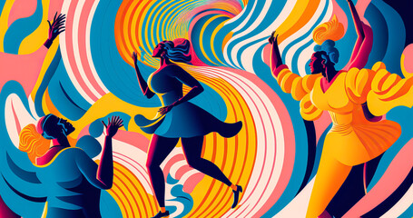 Fototapeta na wymiar Bright colors and stylized illustrations of people dancing against a hypnotic background. Blue, pink and yellow will captivate the viewer, inviting him to discover what is going on. Generative AI