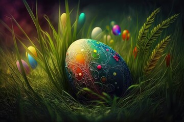 Obraz na płótnie Canvas Colorful easter eggs in a basket, decorated easter eggs in a grass basket with flowers, happy easter holiday celebration, Generative AI