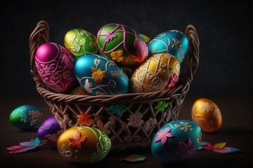 Colorful Easter Eggs in a Basket, Decorated Easter Eggs in a Basket, Happy Easter Holiday Celebration, Generative AI
