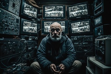 Man sitting in surveillance room with a lot of monitors
