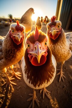 Chickens waiting to be fed up, they are looking at the camera. Generative AI