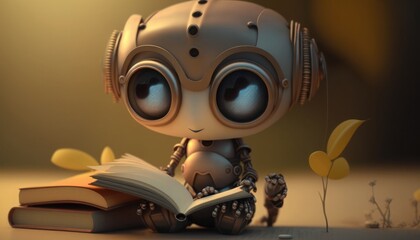 Cute robot reading a book, cartoon character, future art, ai, android child, near future, school life concept, technological progress, technological progress, education concept