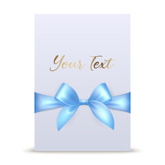 Vector 3d Realistic Blue Gift Ribbon and Bow with White Greeting Card Background. Bow Design Template, Concept for Birthday, Christmas Presents, Gifts, Invitation, Card, Gift Box. Holiday Decoration