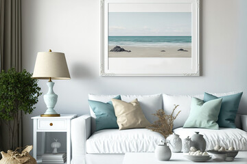 a mock up frame with a background of a home's interior, a coastal style living room with marine decor. Generative AI