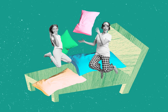Creative photo artwork illustration 3d collage of two young girls having fun pillow fight instead of sleep isolated drawing background