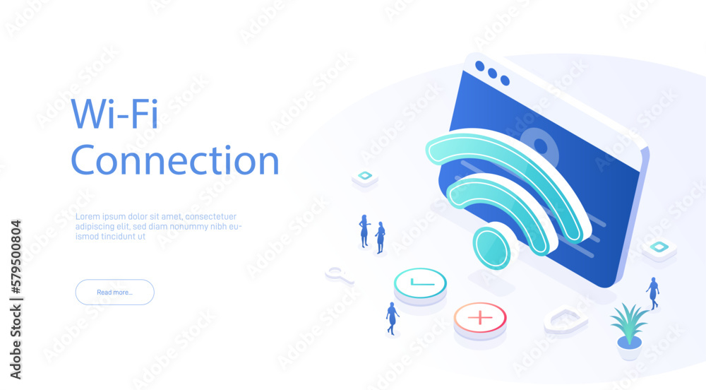 Poster wi fi connection landing page template. internet access through wireless technologies. wi-fi icon an