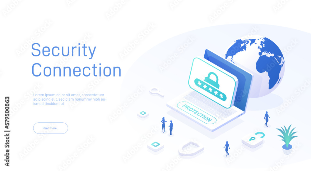 Poster security connection landing page template. password entry window for access to personal data. digita