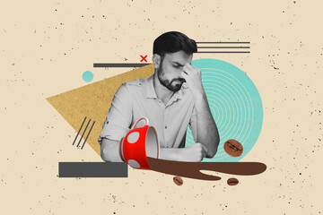 Creative photo artwork illustration 3d collage of upset exhausted handsome man spilled coffee hand touch face isolated drawing background