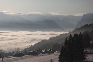 Boedele Lookout . Fog in the valley. snowy Landscape with farmhouses and forest, view of the Austrian mountains, in Austria, Vorarlberg, Bregenzerwald.