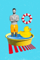 Vertical creative photo collage of shirtless man rescuer trainer standing hands crossed in swimming pool isolated on blue color background