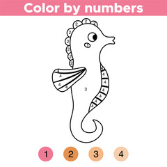 Fototapeta premium Coloring by numbers. Cute kawaii seahorse. Ocean and sea animal. Coloring book for children. Underwater theme. Educational game. Vector illustration.