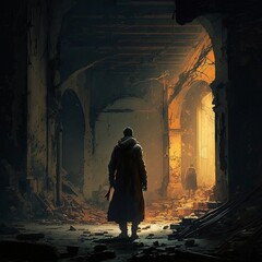A lonely figure of a man in a God-forsaken place. High quality illustration