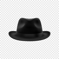 Vector 3d Realistic Black Vintage Classic Gentleman Hat, Cap Icon Closeup Isolated. Front View. Mens Unisex Hat Design Template. Vector Illustration