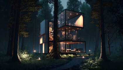 an ecological and elegant house in the woods, beautiful architecture, environmental, Generative AI